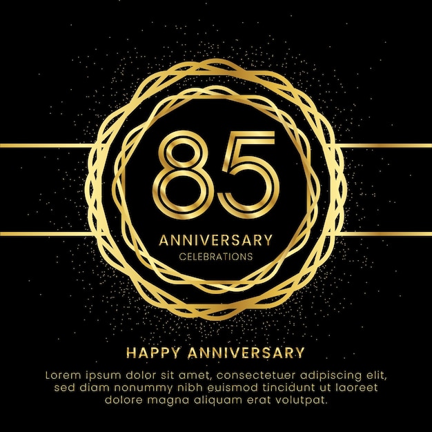 85 years anniversary with a golden number golden glitters and a golden circle rope on a black background Circle a gold hexagon with glitter