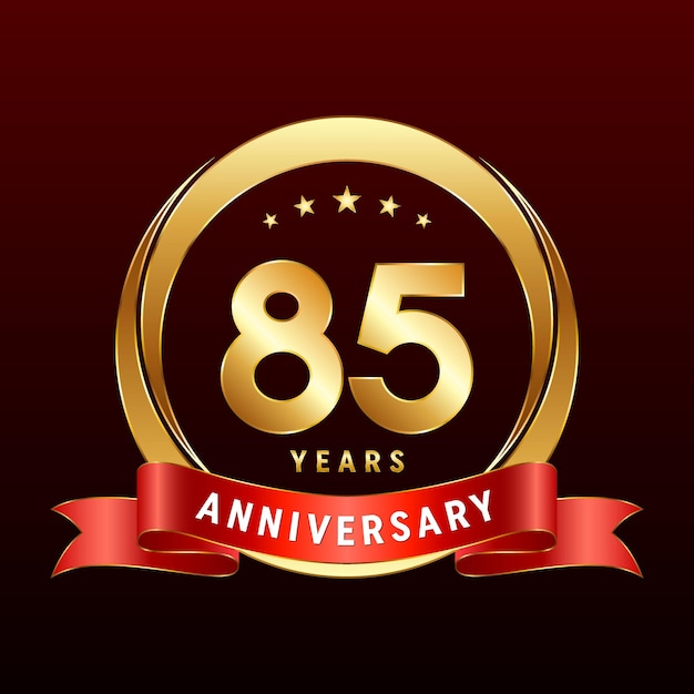 85th Anniversary logo design with golden ring and red ribbon Logo Vector Template Illustration