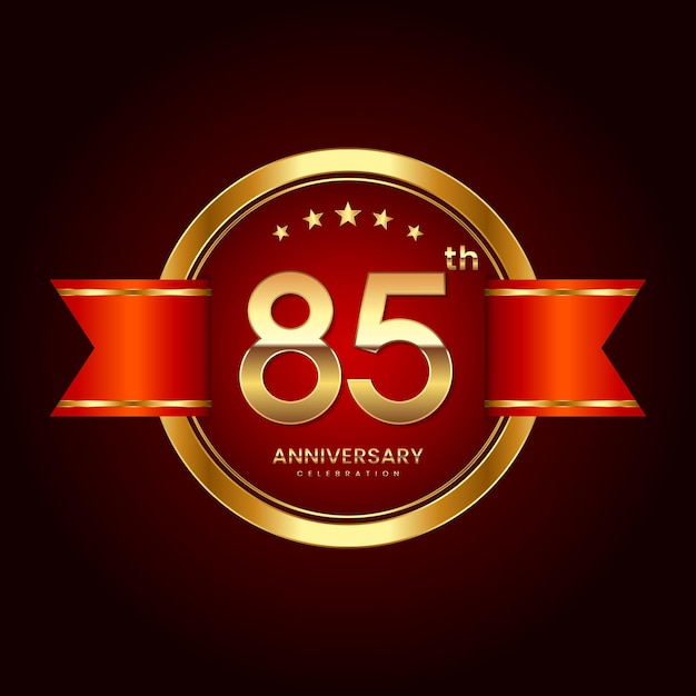 배지 스타일의 85주년 로고 금색과 빨간색 리본 로고 벡터가 있는 기념일 로고