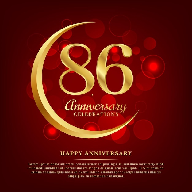 86 years anniversary with golden moon and red shiny background added with text for congratulations words