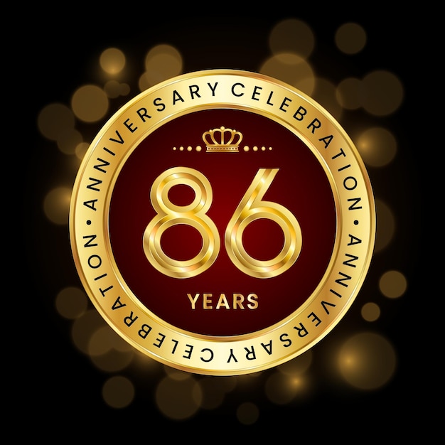 Дизайн логотипа празднования 86-летия с золотой эмблемой в стиле векторного шаблона логотипа