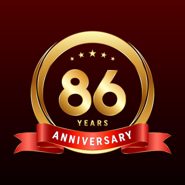 황금 반지와 빨간 리본 로고 벡터 템플릿 일러스트가 있는 86주년 로고 디자인