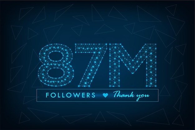 Vettore post sui social media wireframe poligonale da 87 milioni di follower con sfondo astratto low poly blu