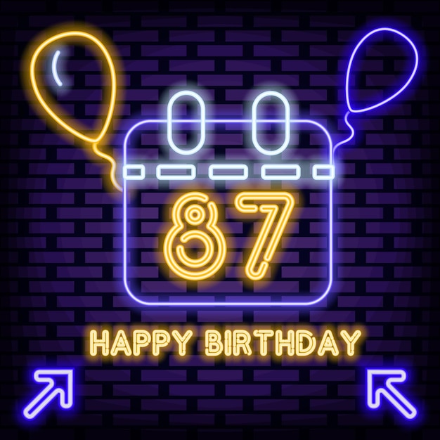 87th happy birthday 87 year old neon sign glowing with colorful neon light neon text