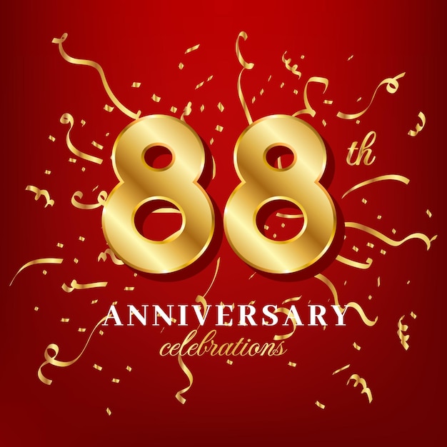 88 golden numbers and anniversary celebrating text with golden confetti spread on a red background