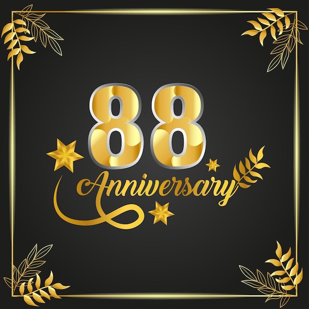 88 jaar oud luxe logo. verjaardagsjaar van vector goudkleurig sjabloon omlijst met palmen.