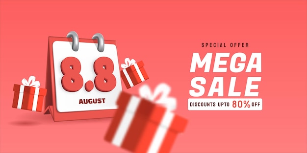 88 Mega Sale met 3D-kalender Augustus-verkoopbannersjabloonontwerp voor sociale media en website