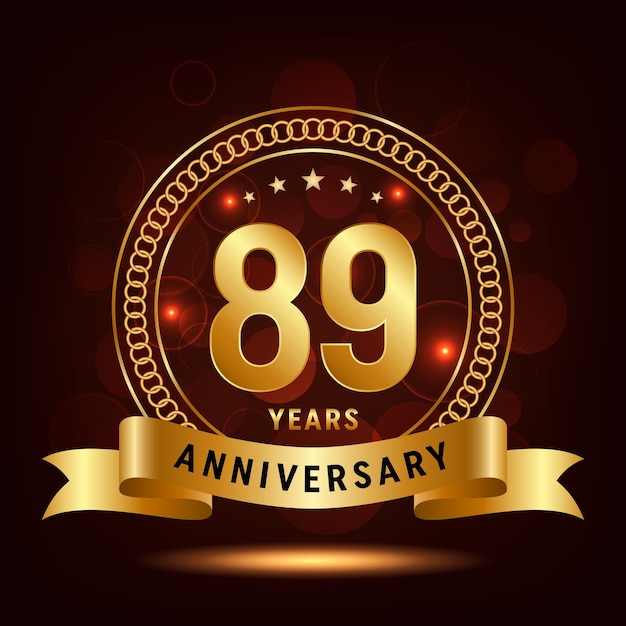 89th Anniversary Logo Golden number with sparkling confetti and ribbon Vector Template