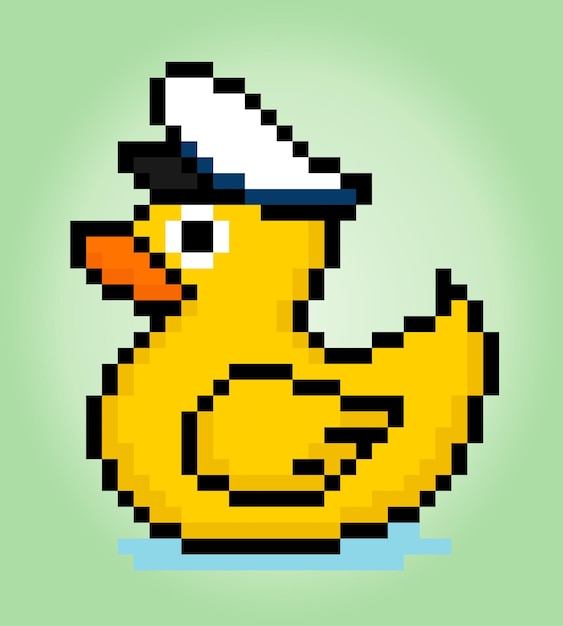 8bit duck wearing captain hat pixels Animal game assets in vector illustrations