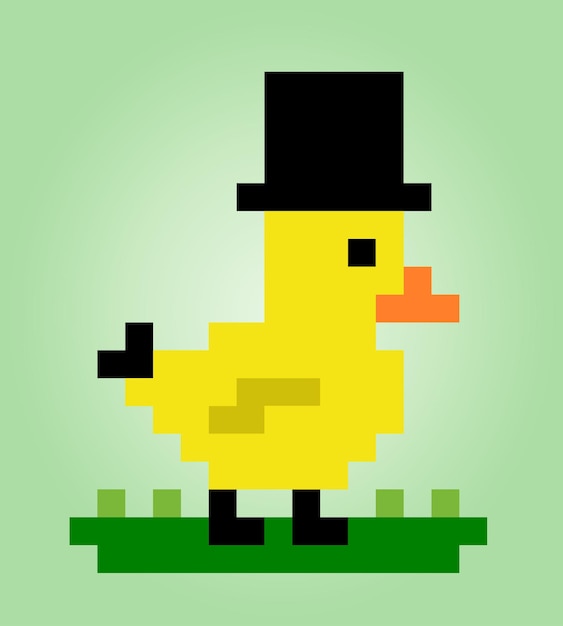 8bit duck wearing hat pixels animal game assets in vector illustrations