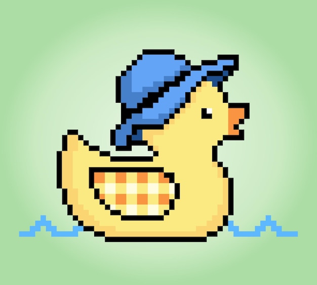 8bit duck wearing hat pixels Animal game assets in vector illustrations