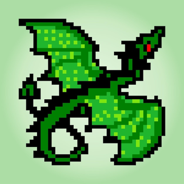 Vector 8bit green dragon pixel image animals in vector illustrations