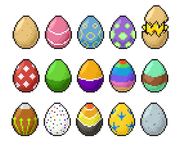 8ビットピクセルアートハッピーイースターエッグとチキンアイコン。レトロなアーケードゲームオブジェクトセット、卵と鶏の孵化ベクトルアイコン、立方ピクセル、カラフルな線、ドット、装飾品