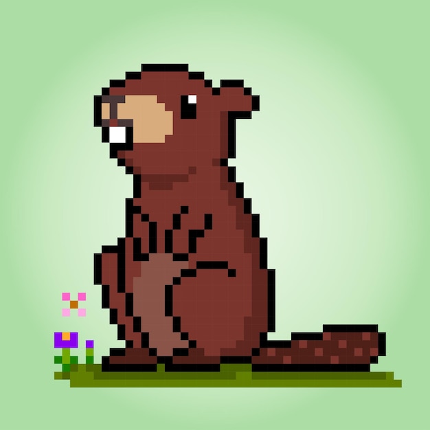 Vector 8bit pixel beaver animal for game assets in vector illustration