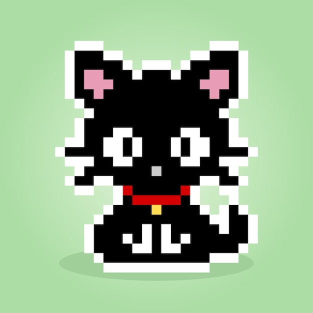 Vector 8bit pixel black cat animal icon for game assets in vector illustrations