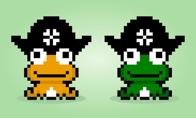 クロスステッチとゲームアセットのベクトル図で海賊帽子動物を身に着けているカエルの8ビットピクセル