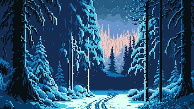 8bit pixel nacht besneeuwd winterboslandschap AI gegenereerde retro pixel art voor game vector achtergrond Dennenbomen in bos met pad weg in sneeuw winter park in cartoon 8 bit pixel voor game level