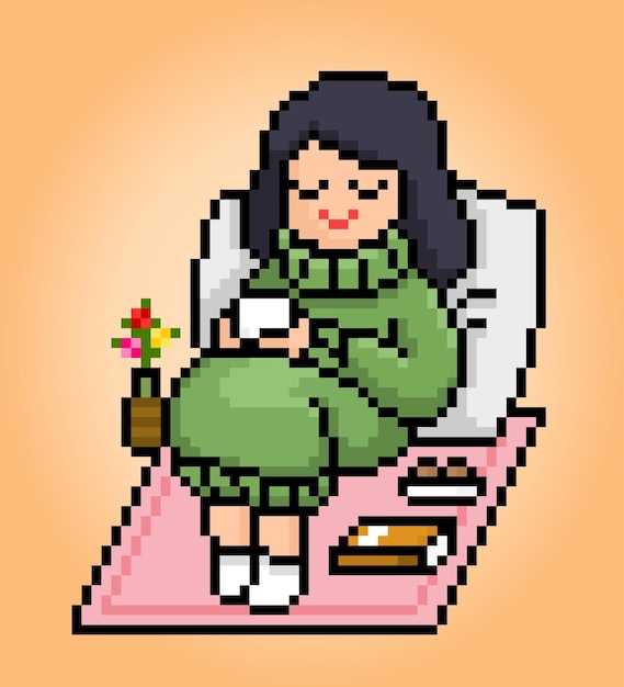 8bit pixels het thema hygge De cartoon van vrouwen die ontspannen zitten en koffie drinken in vector