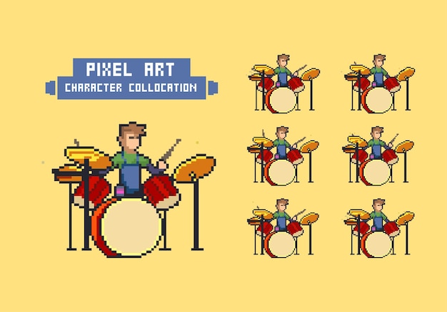 벡터 8비트 레트로 픽셀 아트 캐릭터 플레이 드럼 및 애니메이션 스프라이트 시트 아케이드 게임