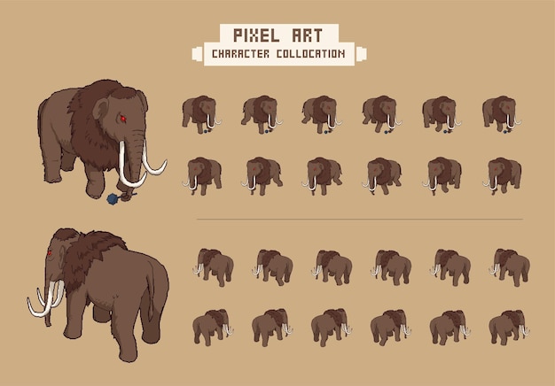 Vettore personaggi mammut retrò pixel art a 8 bit e fogli sprite di animazione per angeli di giochi arcade