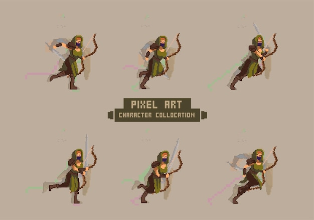 Vector 8bit retro pixel art vrouw karakter en animatie sprite sheets voor arcade games