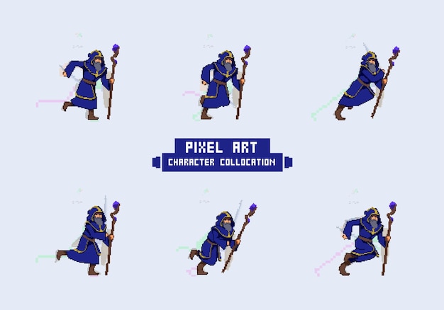 Fogli di sprite di personaggi e animazioni retrò pixel art wizard a 8 bit per giochi arcade