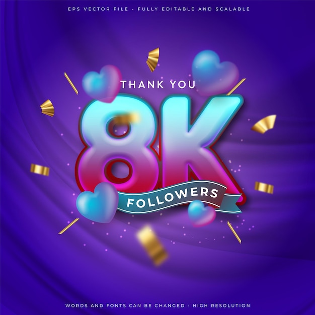 8k thank you social media followers and subscribers with editable font 3d style effect