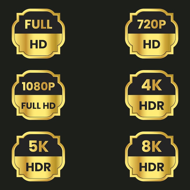 Set di badge con risoluzione 8k ultra hd 4k ultra hd 1080p full hd 720p hd