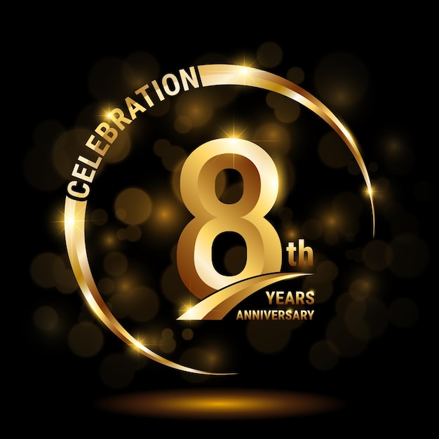 Дизайн логотипа празднования 8-й годовщины с золотым кольцом и золотым номером Logo Vector Template