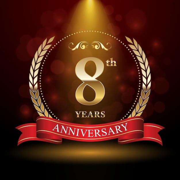 8th anniversary logo design with Laurel wreath and red ribbon Logo Vector Template