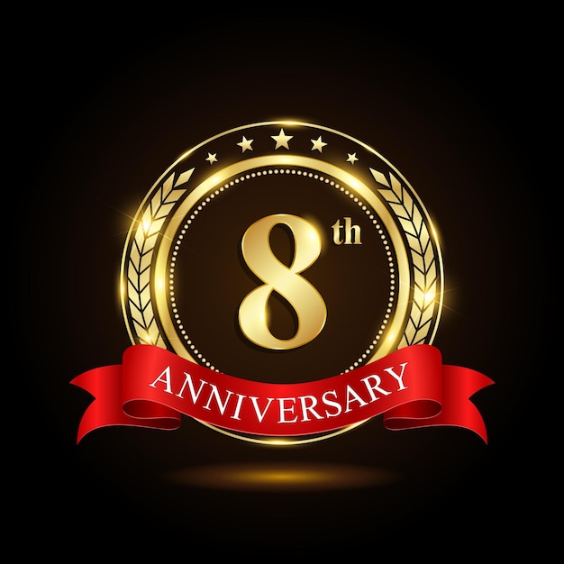 Vector 8th golden anniversary logo with shiny ring and red ribbon laurel wrath isolated on black background vector design