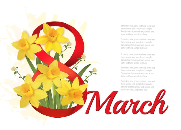 8th march illustration with yellow narcissus flowers and ribbon international womens day vector