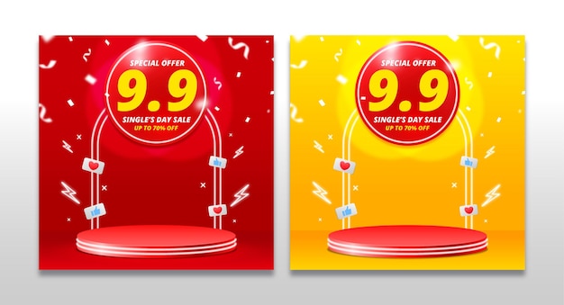 9.9 shopping day sale banner or flyer with podium and emoji icon.