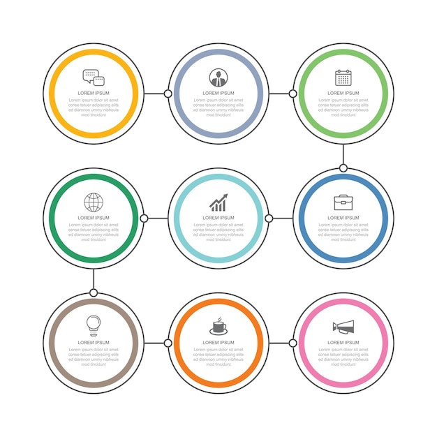 9 data infographics thin line circle timeline templatecan be used for infographics workflow layout