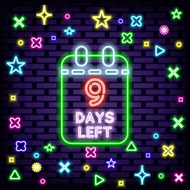 9 Days Left Neon-citaat Op bakstenen muurachtergrond Nacht heldere reclame