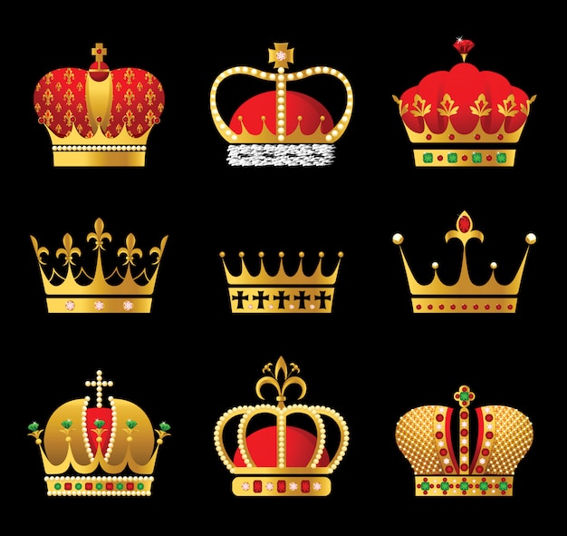 Вектор 9 золотых и красных значков короны