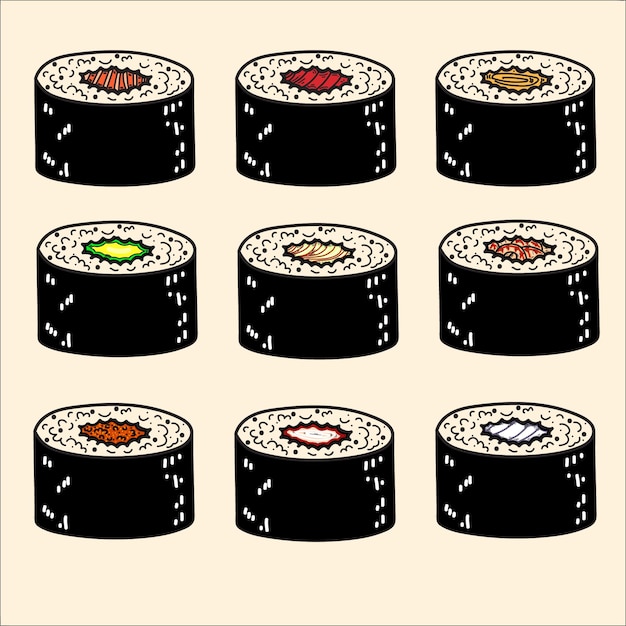 Vector 9 hoso maki-sushibroodjes in cartoon-stijl