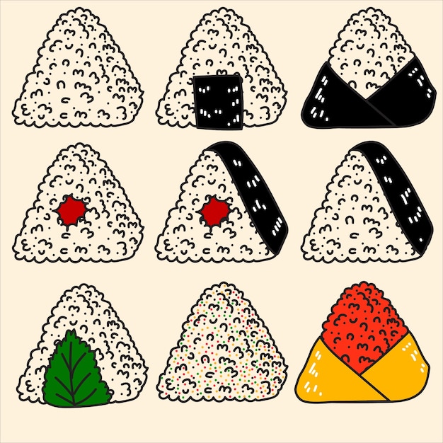 Vettore 9 onigiri in stile cartone animato