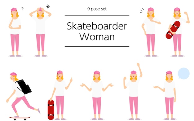 Vector 9 sets of people poses skater woman