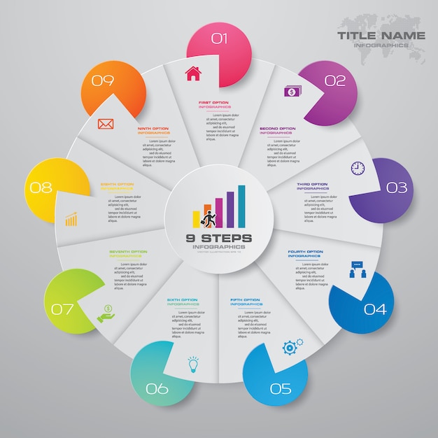 9ステップの最新の円グラフのinfographics要素。