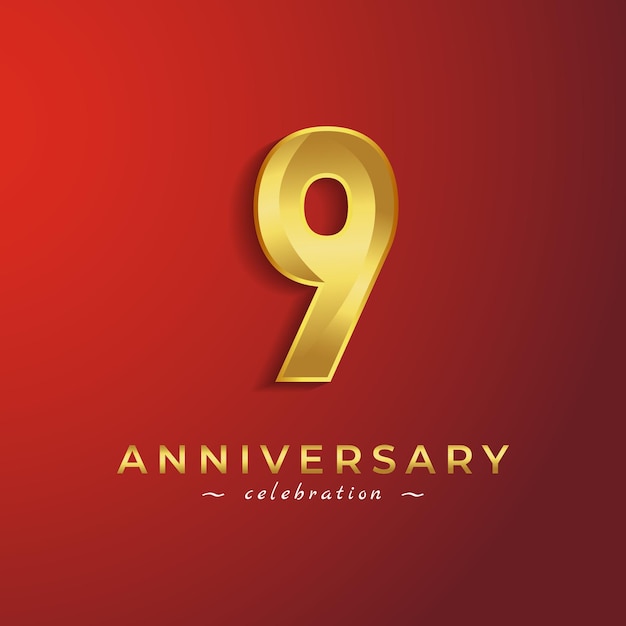 Celebrazione dell'anniversario di 9 anni con colore dorato lucido per la celebrazione isolata su sfondo rosso