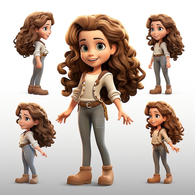 Vector 9 year old girl cartoon character multiple poses and expre