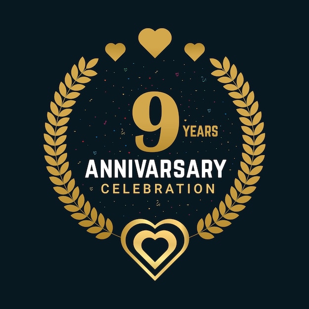 9 Years anniversary celebration vector design with golden celebration design