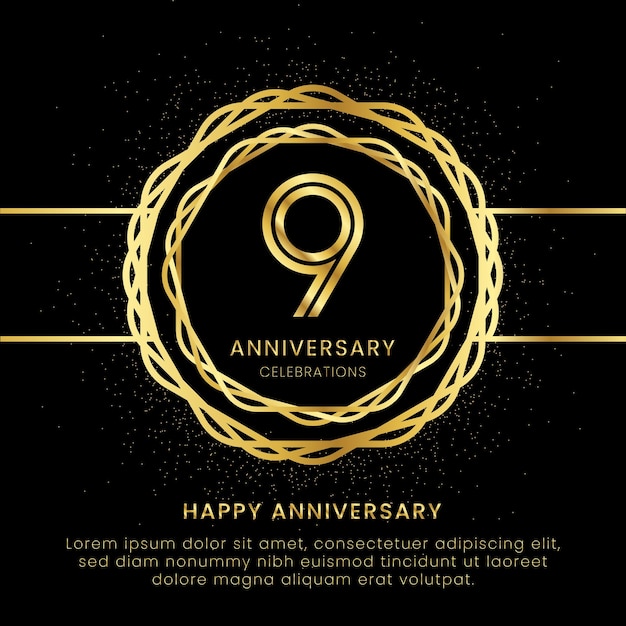 9 years anniversary with a golden number golden glitters and a golden circle rope on a black background Circle a gold hexagon with glitter