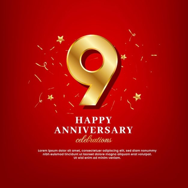 9 years of golden numbers anniversary celebrating text and anniversary congratulation text with golden confetti spread on a red background