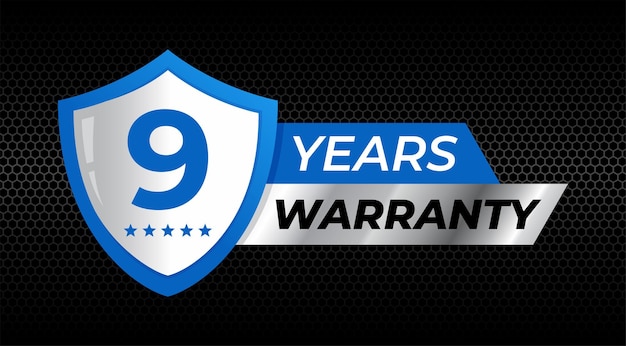 Vector 9 years warranty shield label icon badge design. blue and silver color. vector illustration eps 10