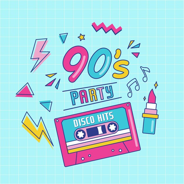 Premium Vector 90's party banner retro music poster 90s tape cassette lipstick in funky