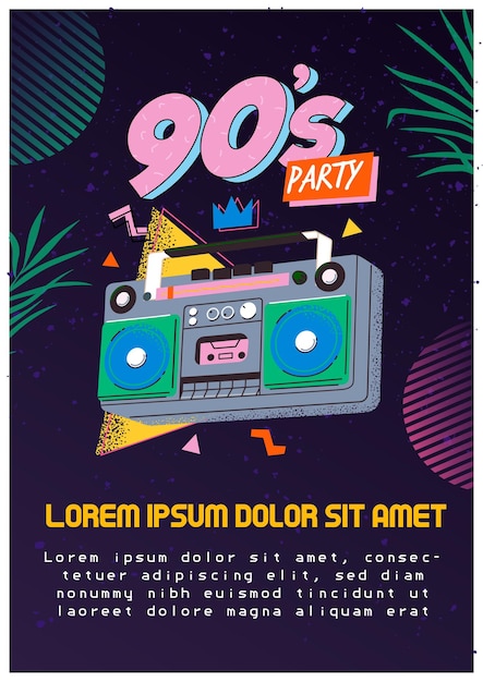 90's retro music party poster banner or invitation card with retro colored tape radio boombox player on dark background nineties party techno dance show promotion illustration in flat style