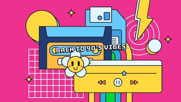 90's vibes set Trendy 1990's elementen collectie Retro technische dingen entertainment en muziek apparatuur geïsoleerd op kleurrijke achtergrond Terug naar 90's vector plat illustratie