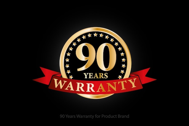 90 years warranty golden logo with ring and red ribbon isolated on black background